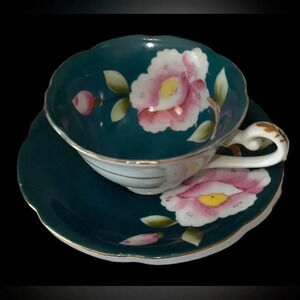 Vintage Shafford Hand Painted Tea Cup & Saucer in *Rare* Teal/Green Color